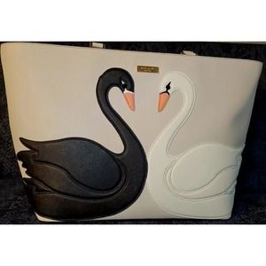 Kate Spade On Pointe Large Swan Tote Black And White Swans 10" Strap Gray Clean